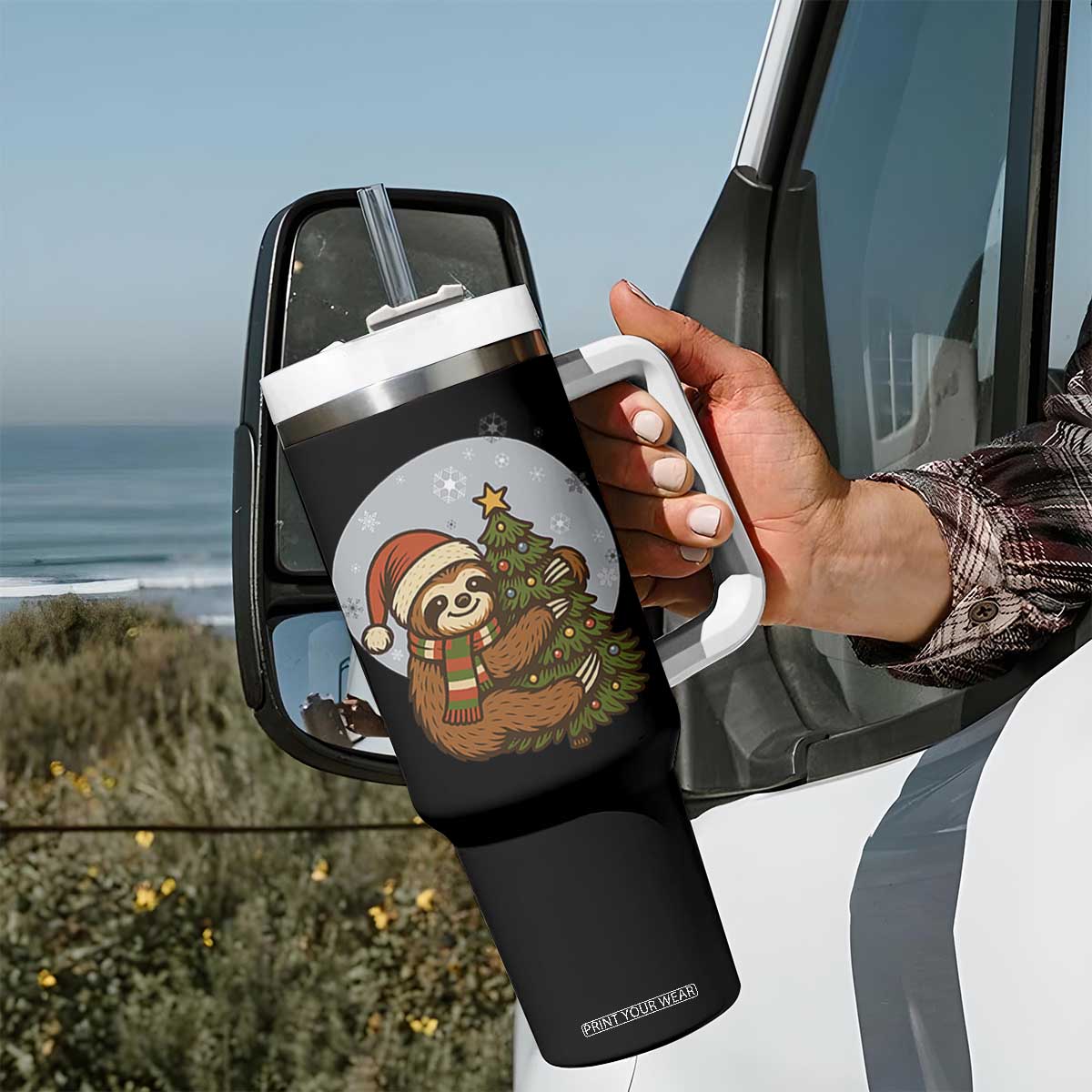 Funny Xmas Tumbler With Handle Slothin Around The Christmas Tree TS12 Print Your Wear
