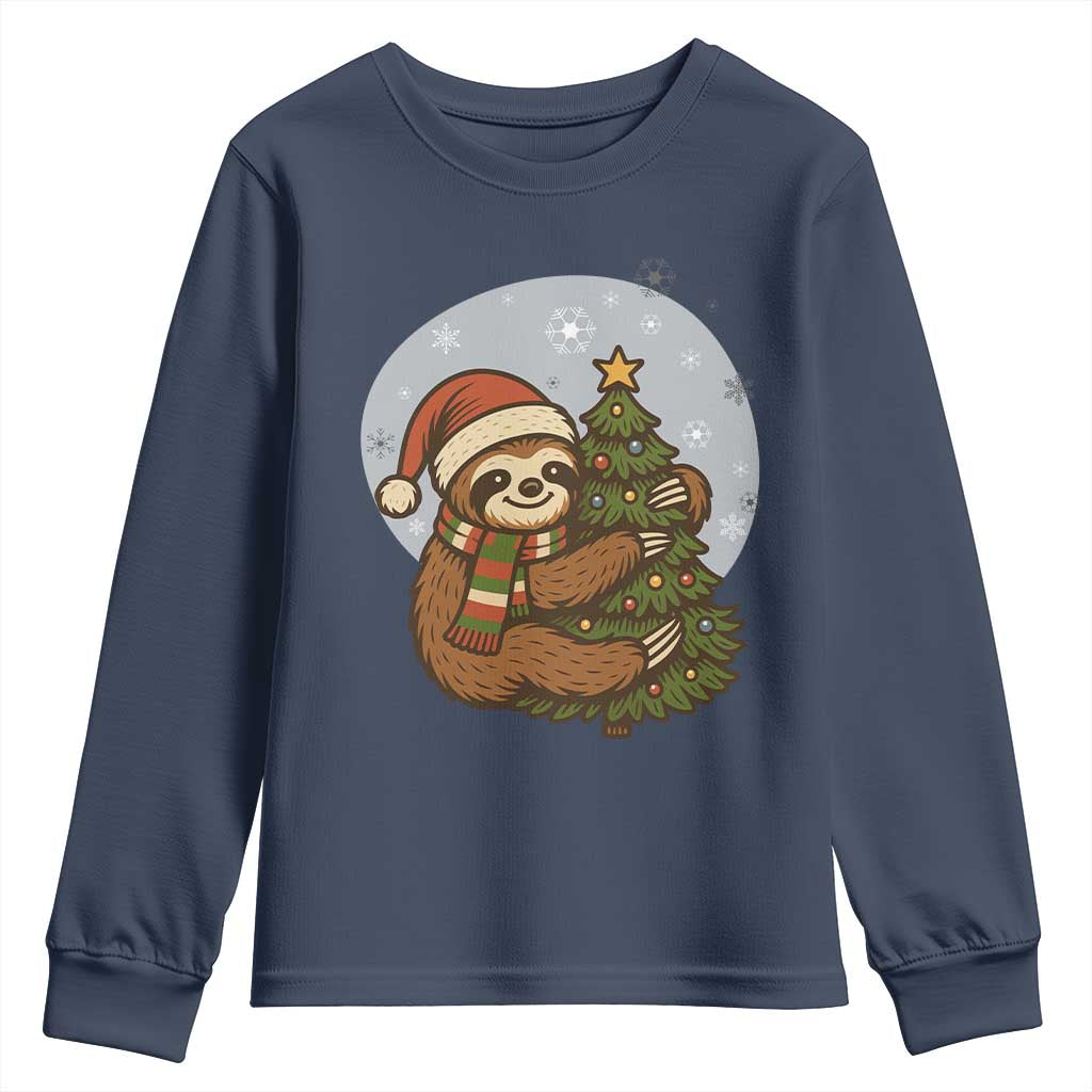 Funny Xmas Youth Sweatshirt Slothin Around The Christmas Tree TS12 Navy Print Your Wear
