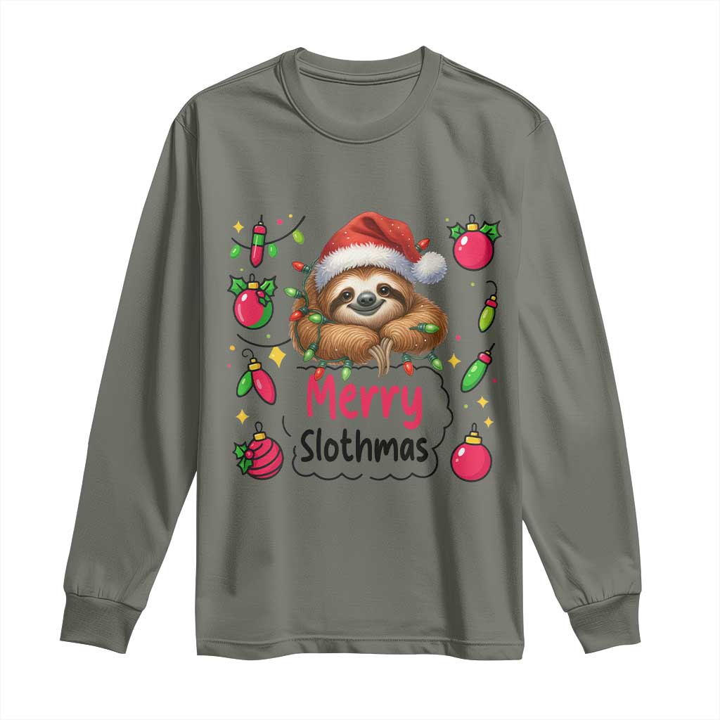 Funny Christmas Sloth Long Sleeve Shirt Merry Slothmas TS12 Military Green Print Your Wear