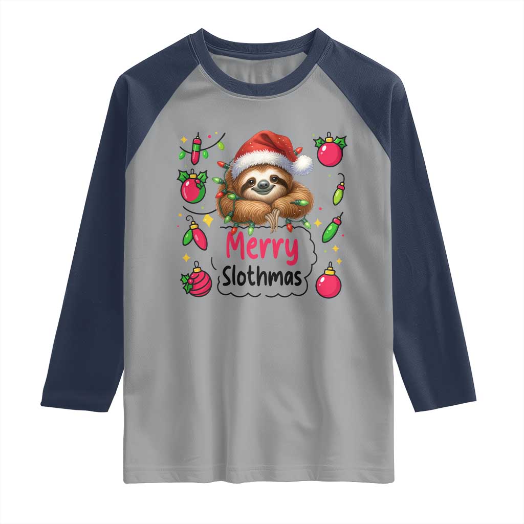 Funny Christmas Sloth Raglan Shirt Merry Slothmas TS12 Sport Gray Navy Print Your Wear