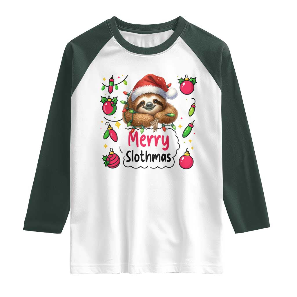 Funny Christmas Sloth Raglan Shirt Merry Slothmas TS12 White Dark Forest Green Print Your Wear
