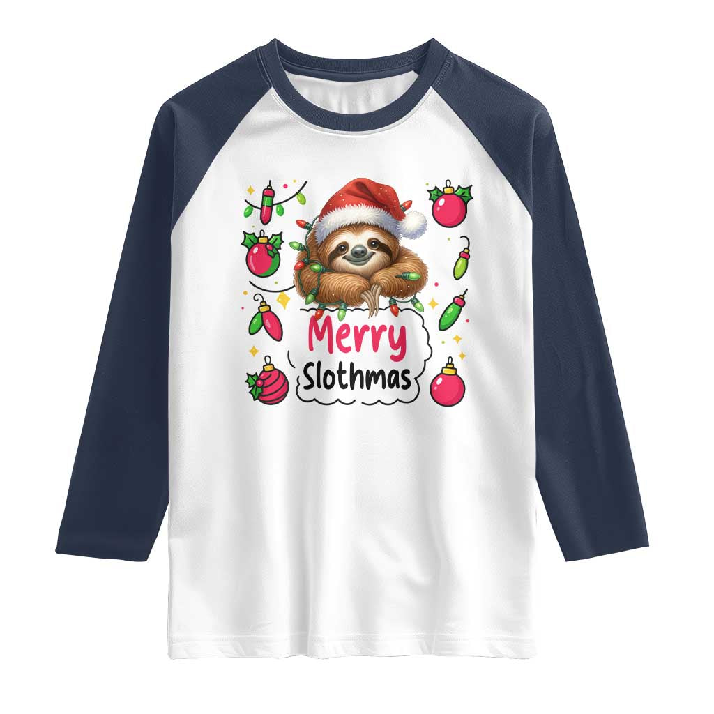Funny Christmas Sloth Raglan Shirt Merry Slothmas TS12 White Navy Print Your Wear