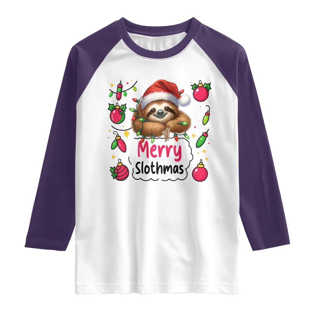 Funny Christmas Sloth Raglan Shirt Merry Slothmas TS12 White Purple Print Your Wear