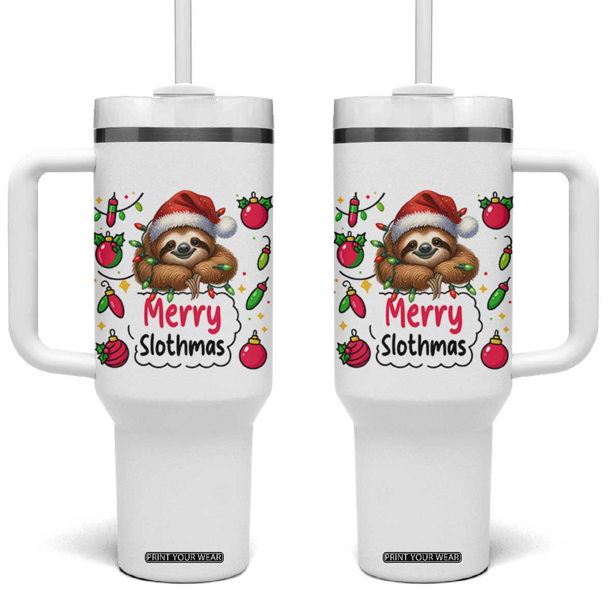 Funny Christmas Sloth Tumbler With Handle Merry Slothmas TS12 One Size: 40 oz White Print Your Wear