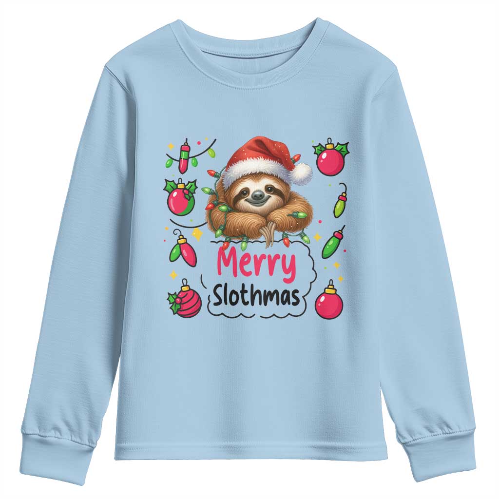 Funny Christmas Sloth Youth Sweatshirt Merry Slothmas TS12 Light Blue Print Your Wear