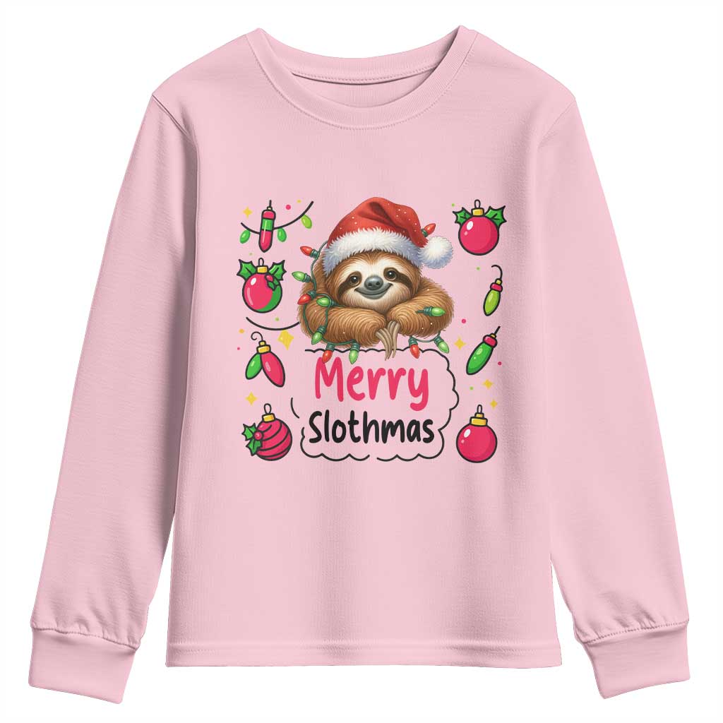 Funny Christmas Sloth Youth Sweatshirt Merry Slothmas TS12 Light Pink Print Your Wear