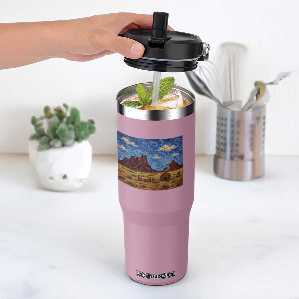 Starry Night Desert Monument Valley Flip Straw Tumbler Hogan Home Oil Painting Graphic