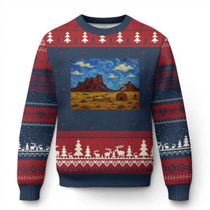 Starry Night Desert Monument Valley Ugly Christmas Sweater Hogan Home Oil Painting Graphic