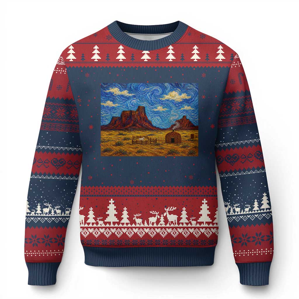 Starry Night Desert Monument Valley Ugly Christmas Sweater Hogan Home Oil Painting Graphic TS12 Navy Red Print Your Wear