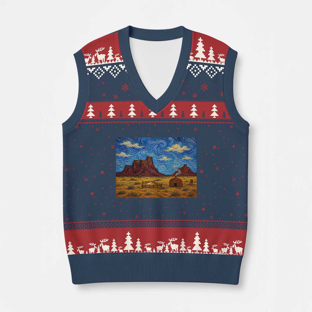 Starry Night Desert Monument Valley V-Neck Knit Sweater Vest Hogan Home Oil Painting Graphic TS12 Navy Red Print Your Wear