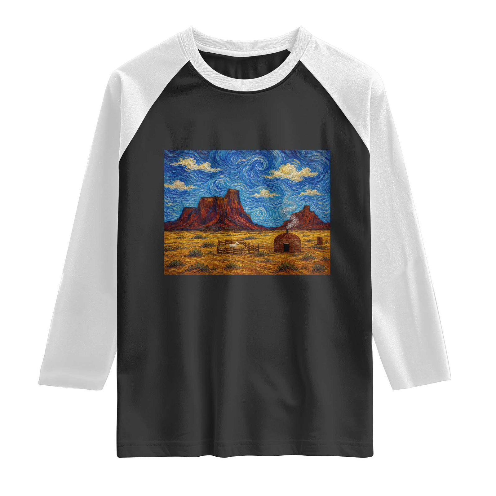 Starry Night Desert Monument Valley Raglan Shirt Hogan Home Oil Painting Graphic TS12 Black White Print Your Wear