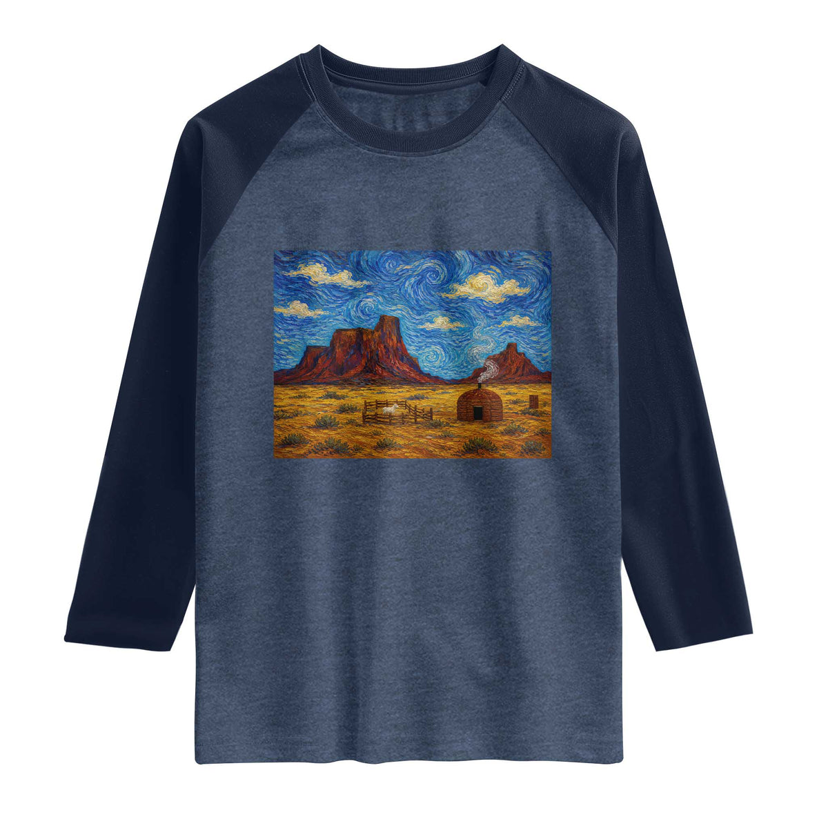 Starry Night Desert Monument Valley Raglan Shirt Hogan Home Oil Painting Graphic