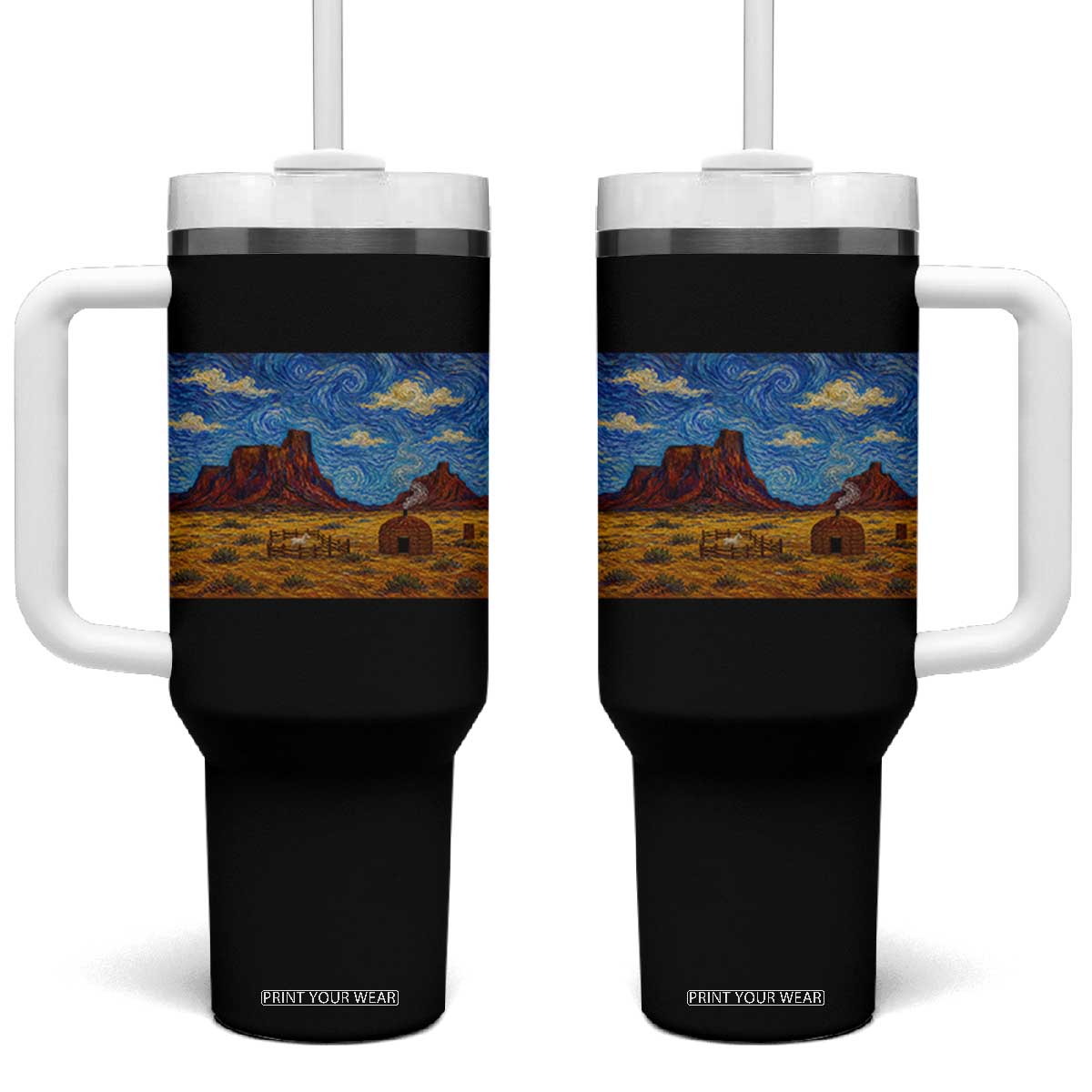 Starry Night Desert Monument Valley Tumbler With Handle Hogan Home Oil Painting Graphic