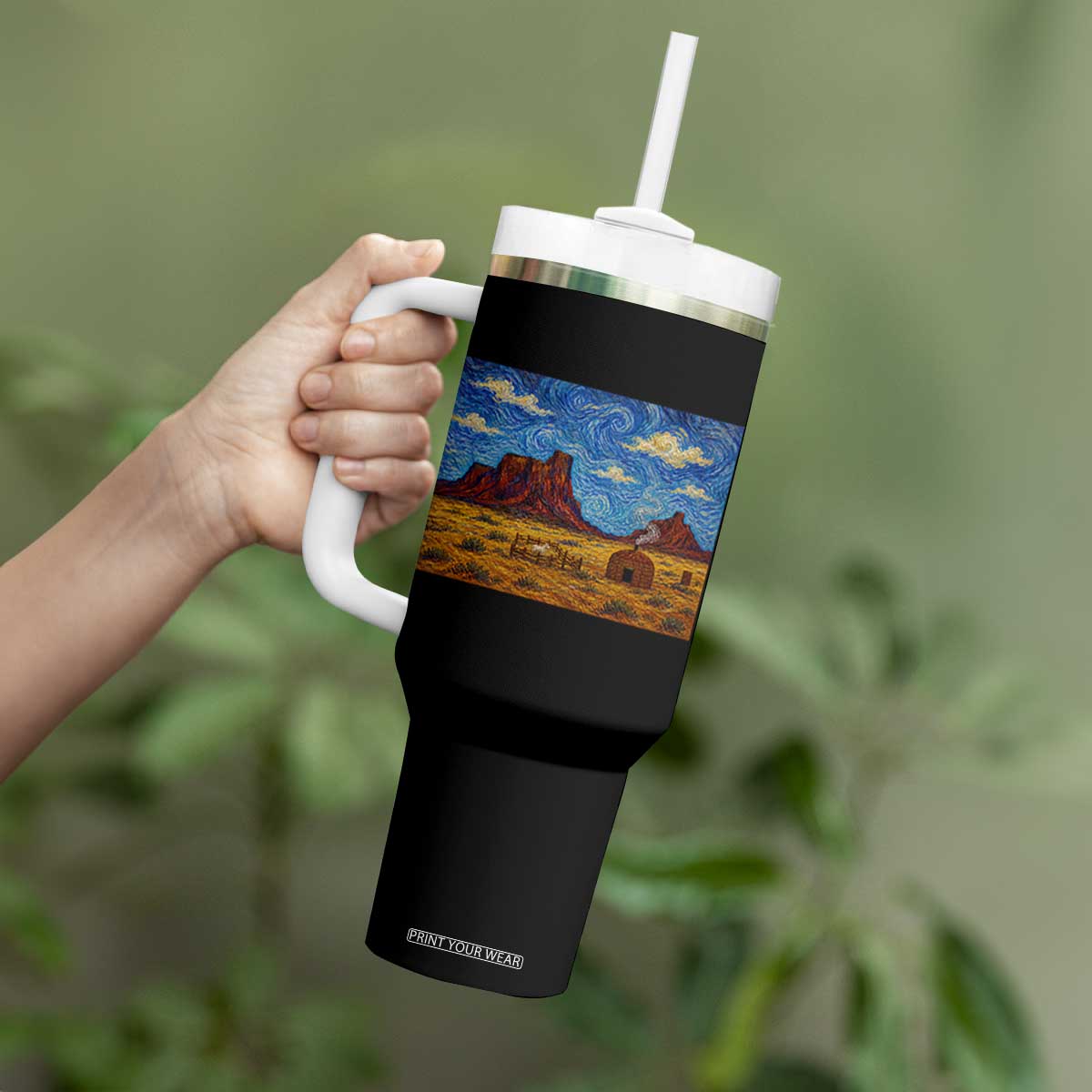 Starry Night Desert Monument Valley Tumbler With Handle Hogan Home Oil Painting Graphic