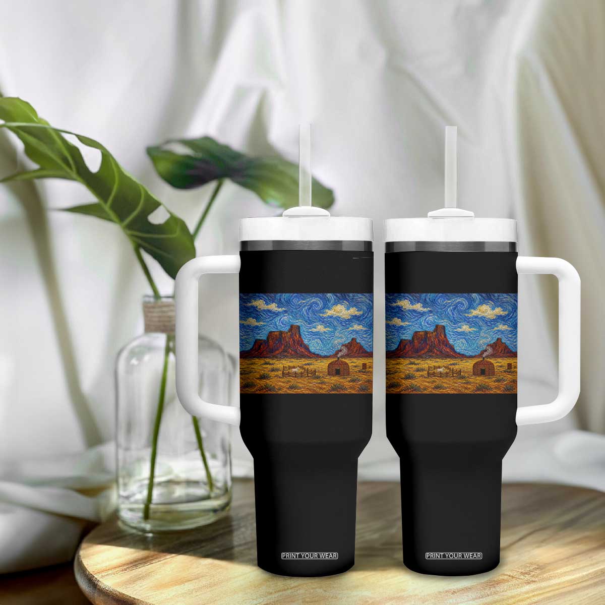 Starry Night Desert Monument Valley Tumbler With Handle Hogan Home Oil Painting Graphic