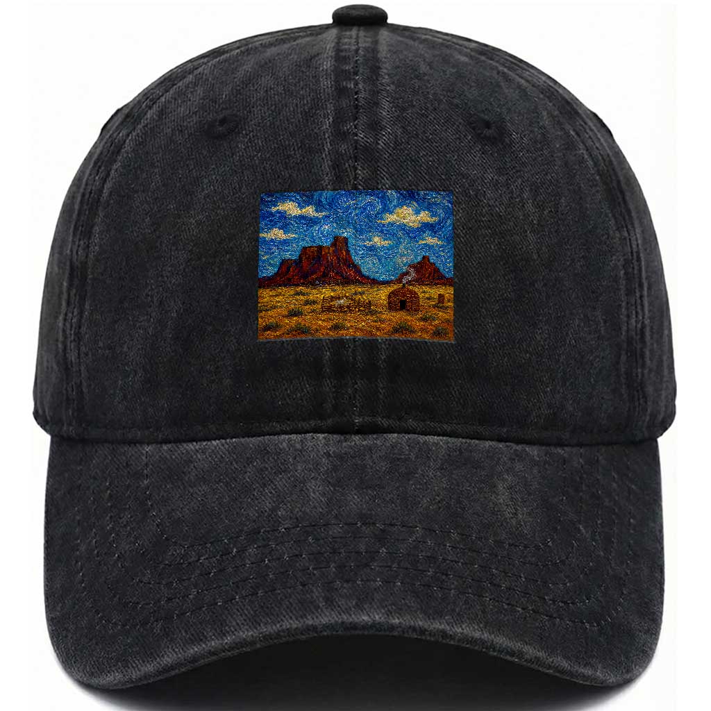 Starry Night Desert Monument Valley Washed Cotton Baseball Cap Hogan Home Oil Painting Graphic