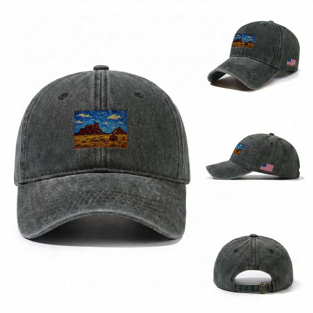 Starry Night Desert Monument Valley Washed Cotton Baseball Cap Hogan Home Oil Painting Graphic