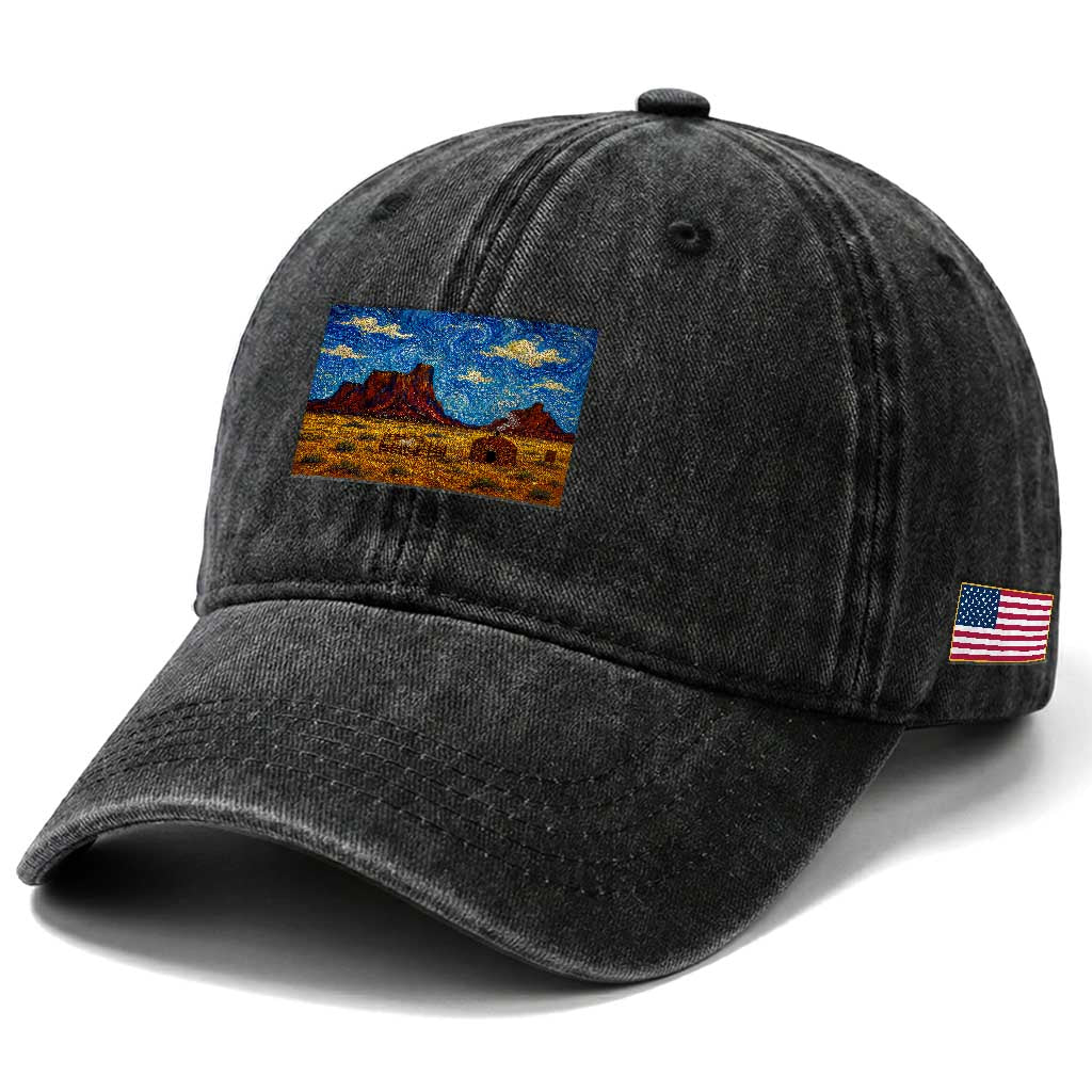 Starry Night Desert Monument Valley Washed Cotton Baseball Cap Hogan Home Oil Painting Graphic