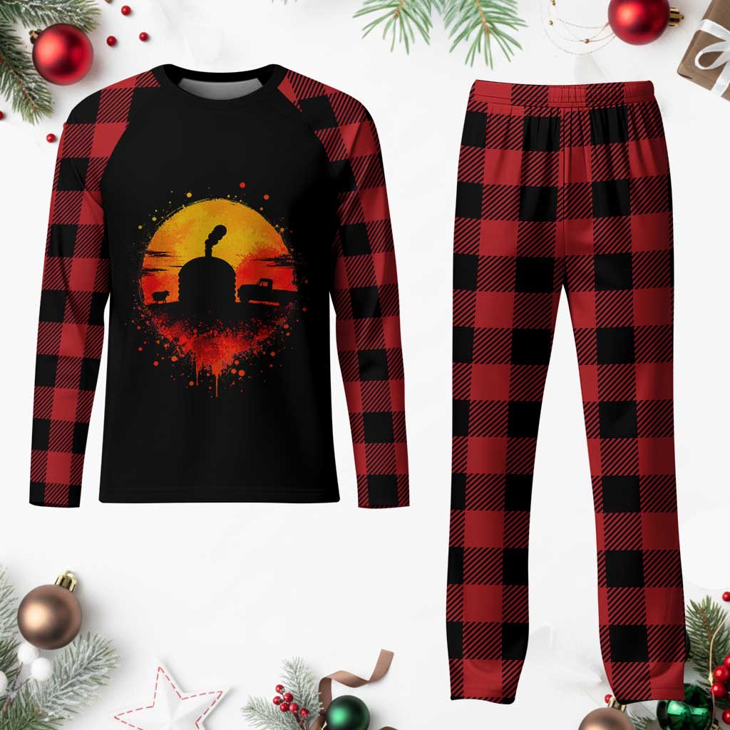 Vintage Sunset Hogan Home Plaid Pajama Set Sheep Truck Circular Watercolor Splatter Art TS12 Buffalo Plaid Print Your Wear