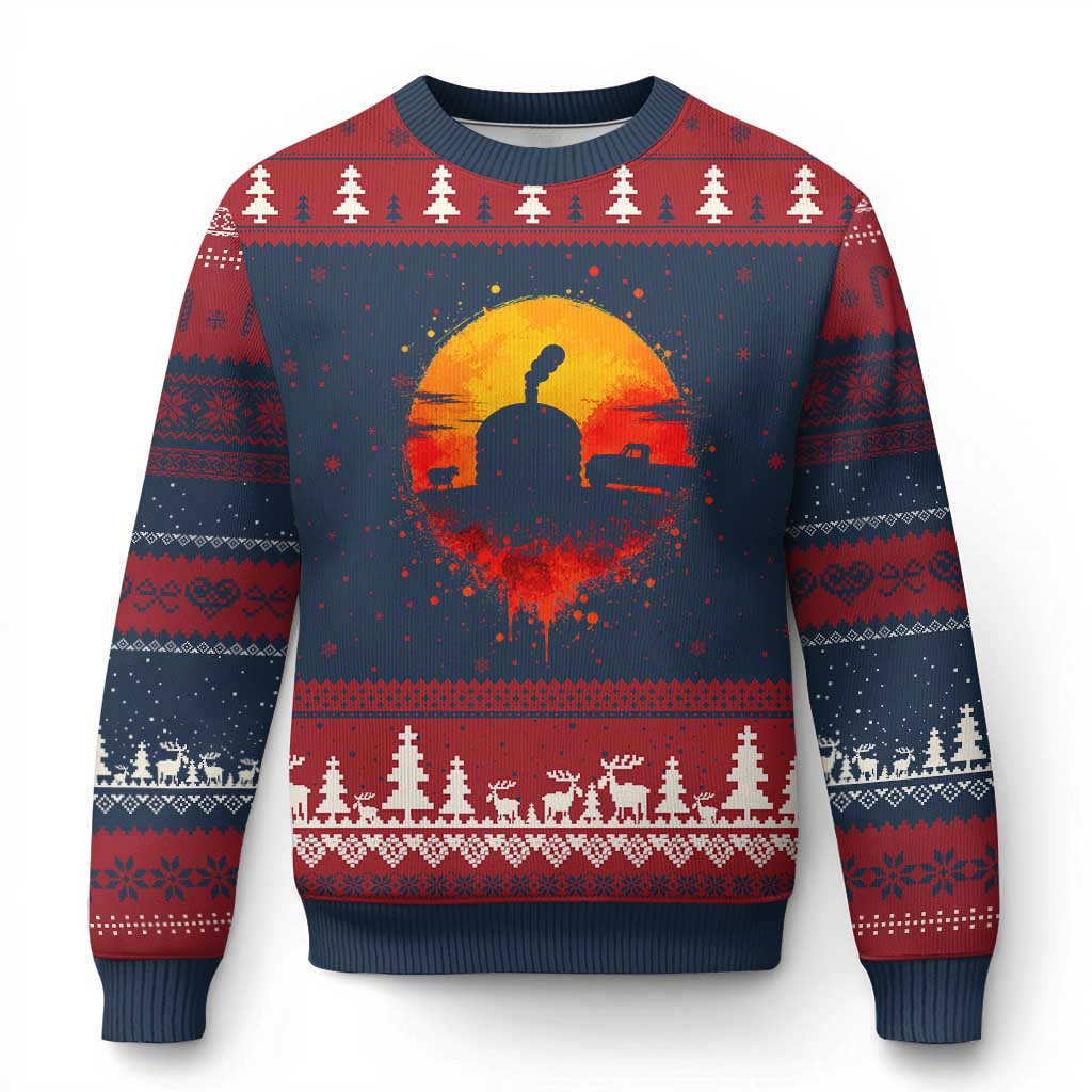 Vintage Sunset Hogan Home Ugly Christmas Sweater Sheep Truck Circular Watercolor Splatter Art TS12 Navy Red Print Your Wear