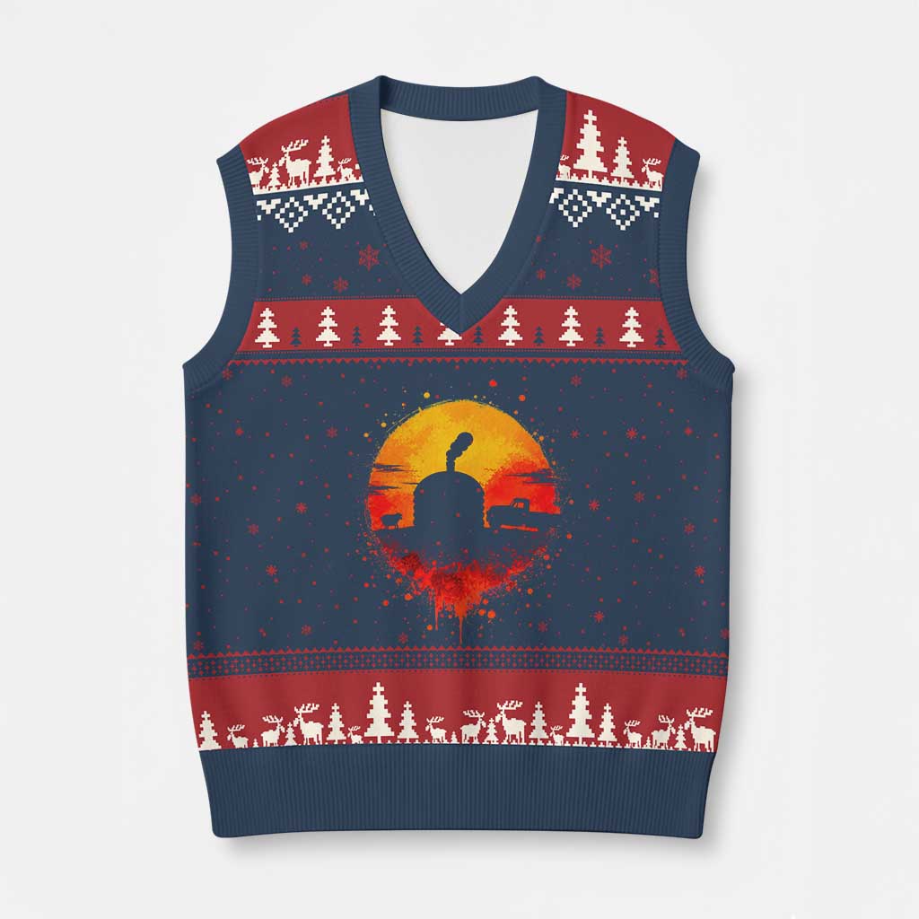 Vintage Sunset Hogan Home V-Neck Knit Sweater Vest Sheep Truck Circular Watercolor Splatter Art TS12 Navy Red Print Your Wear