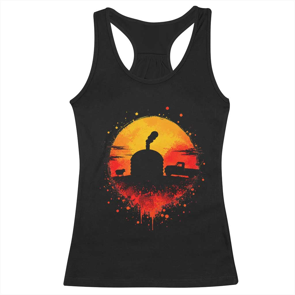 Vintage Sunset Hogan Home Racerback Tank Top Sheep Truck Circular Watercolor Splatter Art TS12 Black Print Your Wear