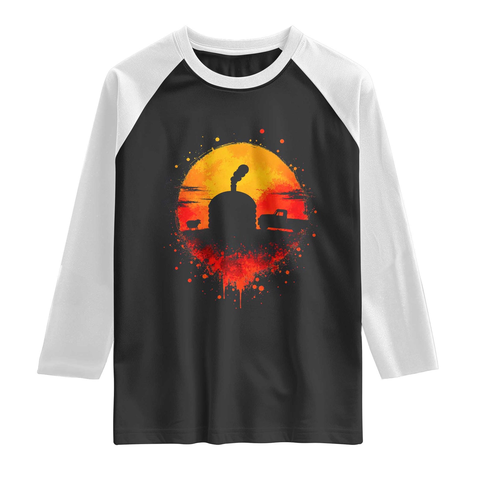 Vintage Sunset Hogan Home Raglan Shirt Sheep Truck Circular Watercolor Splatter Art TS12 Black White Print Your Wear