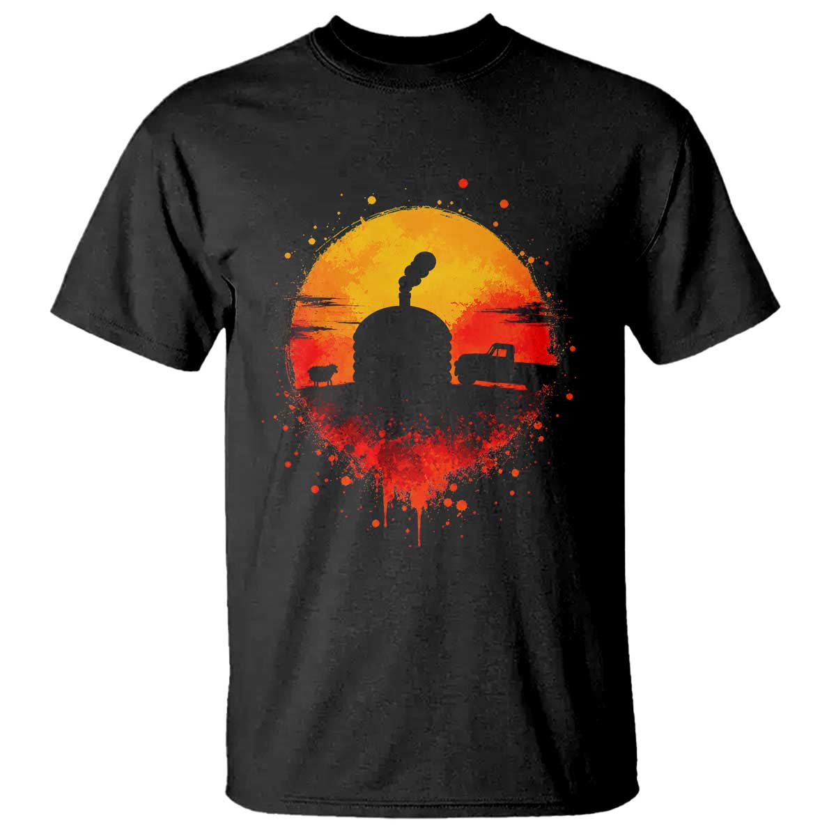 Vintage Sunset Hogan Home T Shirt Sheep Truck Circular Watercolor Splatter Art TS12 Black Print Your Wear