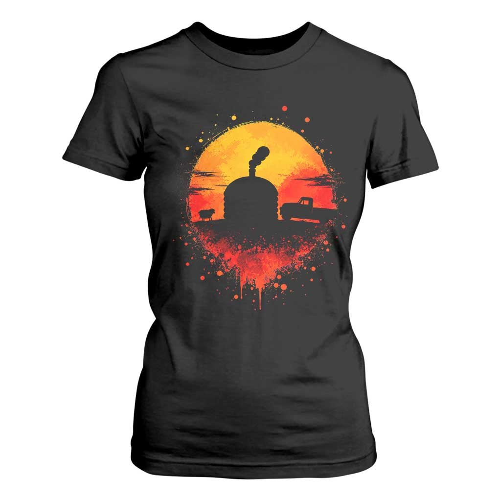 Vintage Sunset Hogan Home T Shirt For Women Sheep Truck Circular Watercolor Splatter Art TS12 Black Print Your Wear