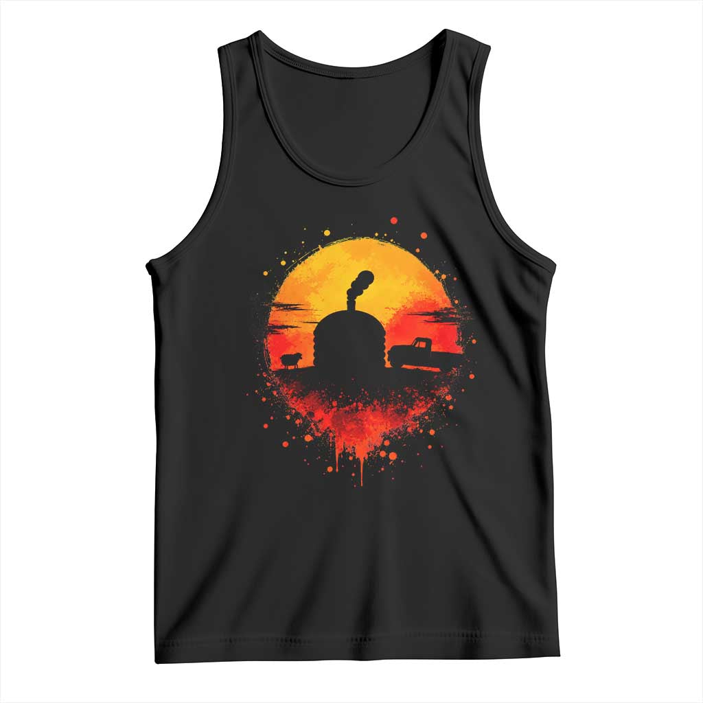 Vintage Sunset Hogan Home Tank Top Sheep Truck Circular Watercolor Splatter Art TS12 Black Print Your Wear