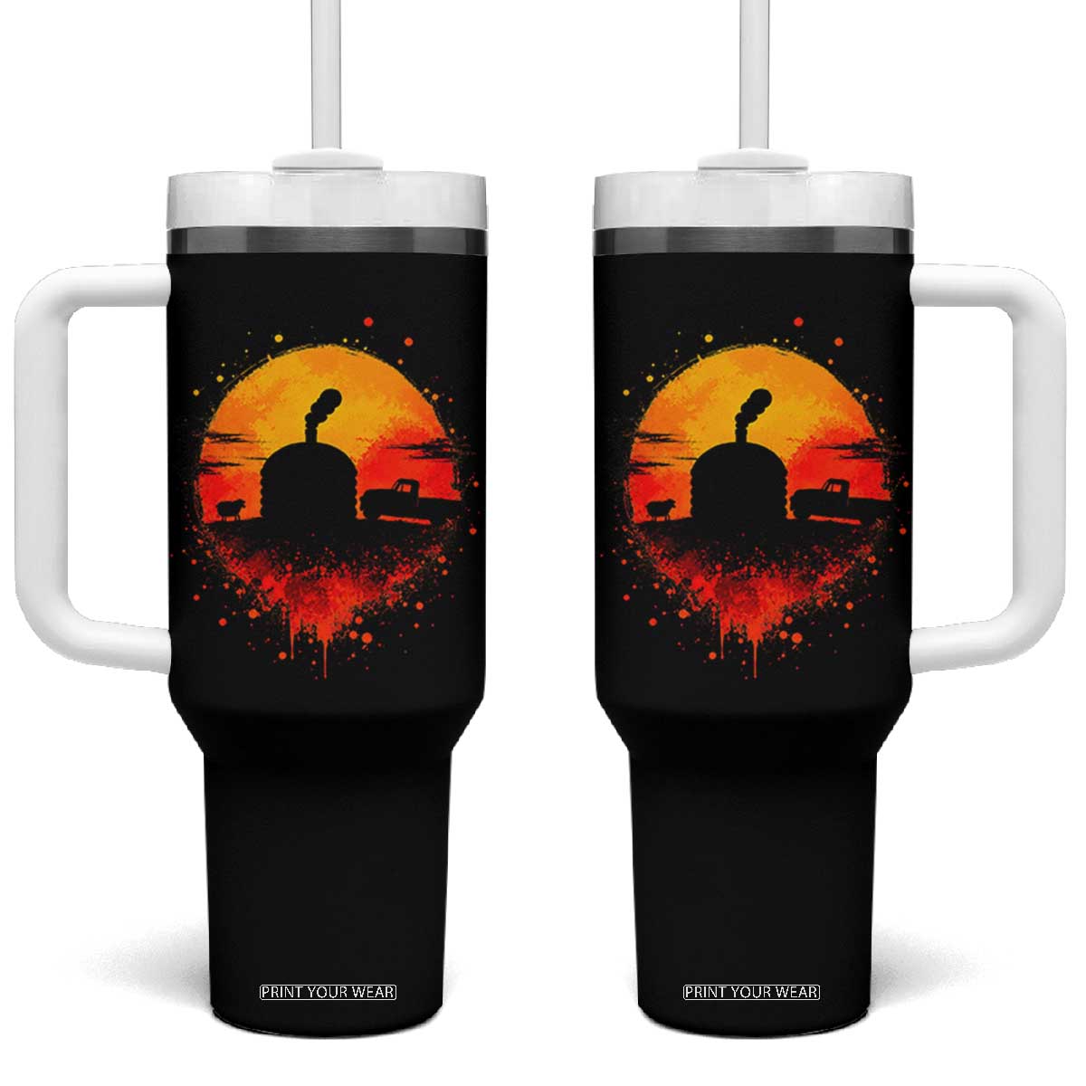 Vintage Sunset Hogan Home Tumbler With Handle Sheep Truck Circular Watercolor Splatter Art TS12 One Size: 40 oz Black Print Your Wear