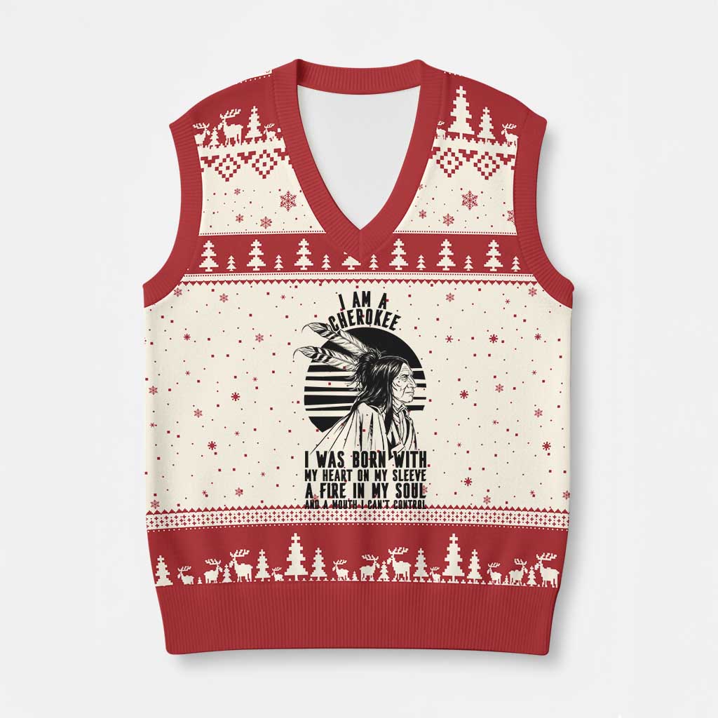 Native American Heritage Pride Gift V-Neck Knit Sweater Vest I Am A Cherokee Born With Heart On My Sleeve