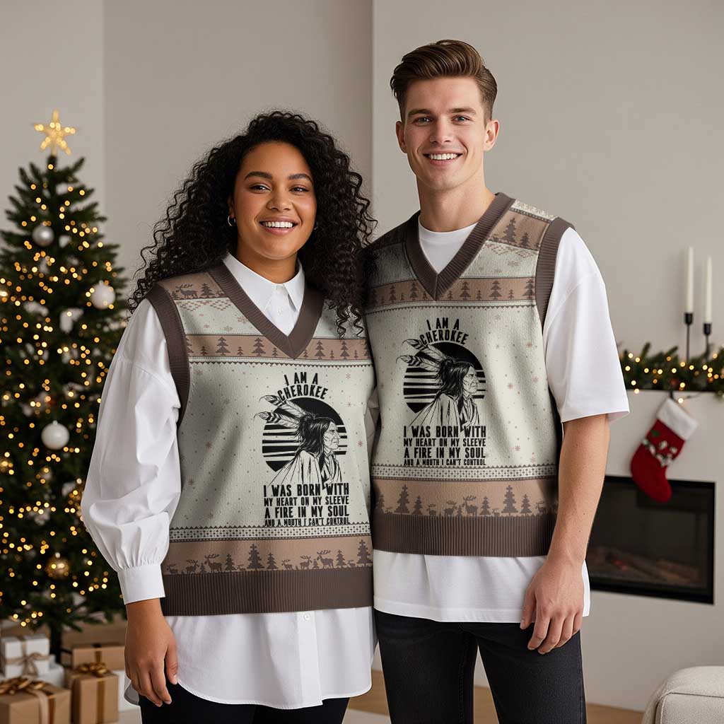 Native American Heritage Pride Gift V-Neck Knit Sweater Vest I Am A Cherokee Born With Heart On My Sleeve