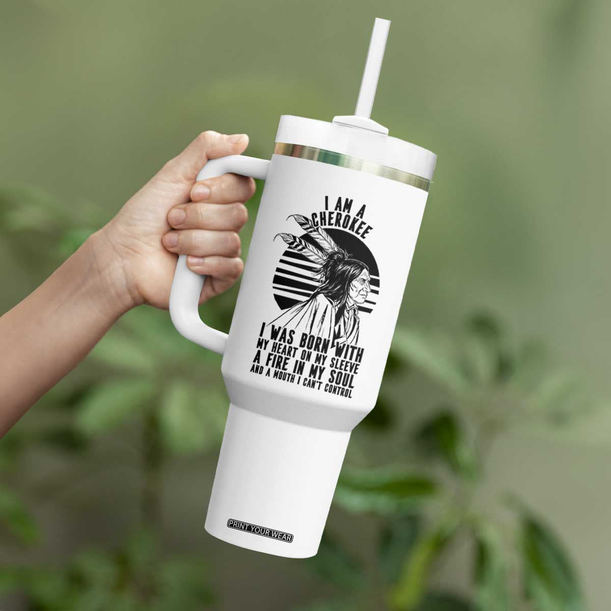 Native American Heritage Pride Gift Tumbler With Handle I Am A Cherokee Born With Heart On My Sleeve