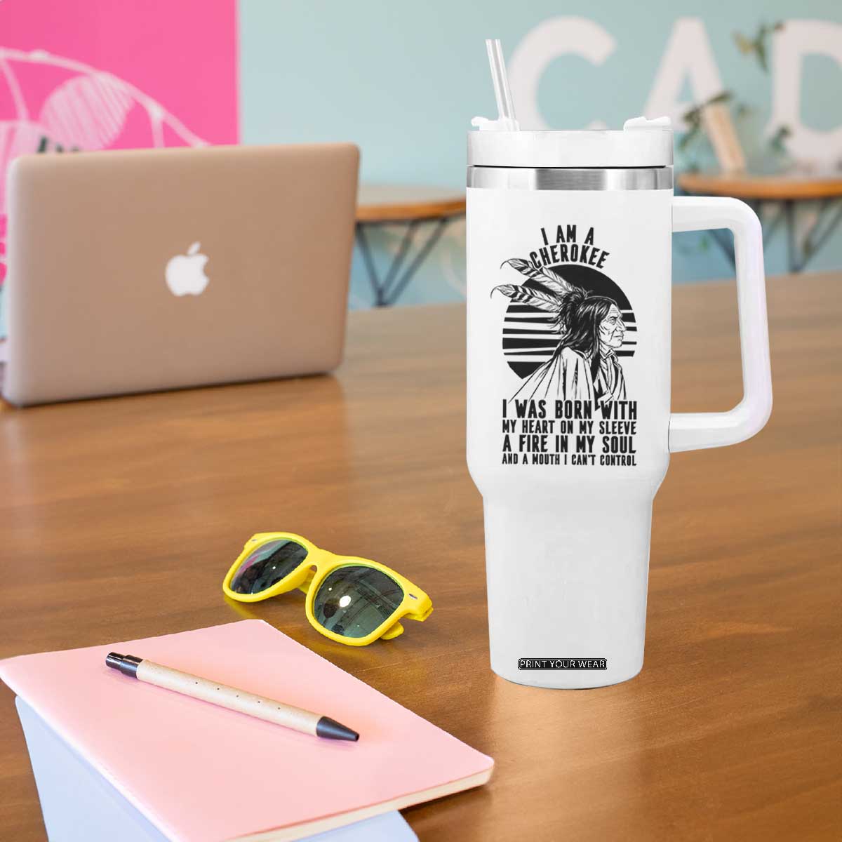 Native American Heritage Pride Gift Tumbler With Handle I Am A Cherokee Born With Heart On My Sleeve