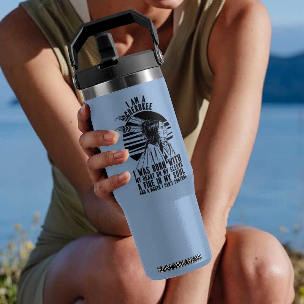 Native American Heritage Pride Gift Flip Straw Tumbler I Am A Cherokee Born With Heart On My Sleeve