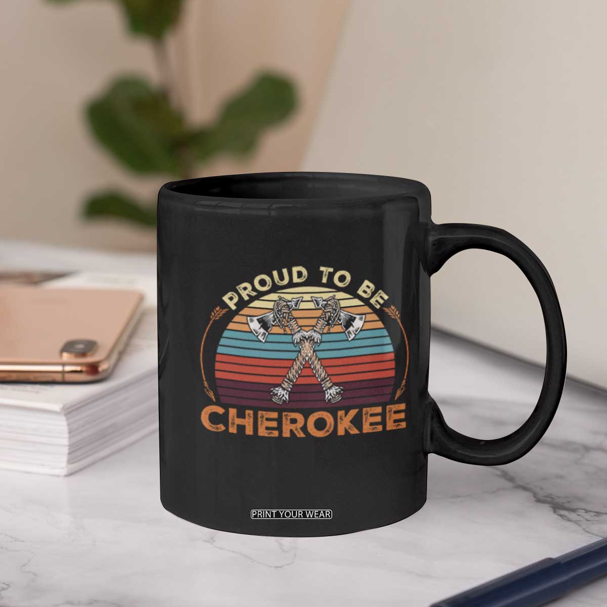 Cherokee Heritage Pride Coffee Mug Vintage Sunset Tomahawk Native American Graphic