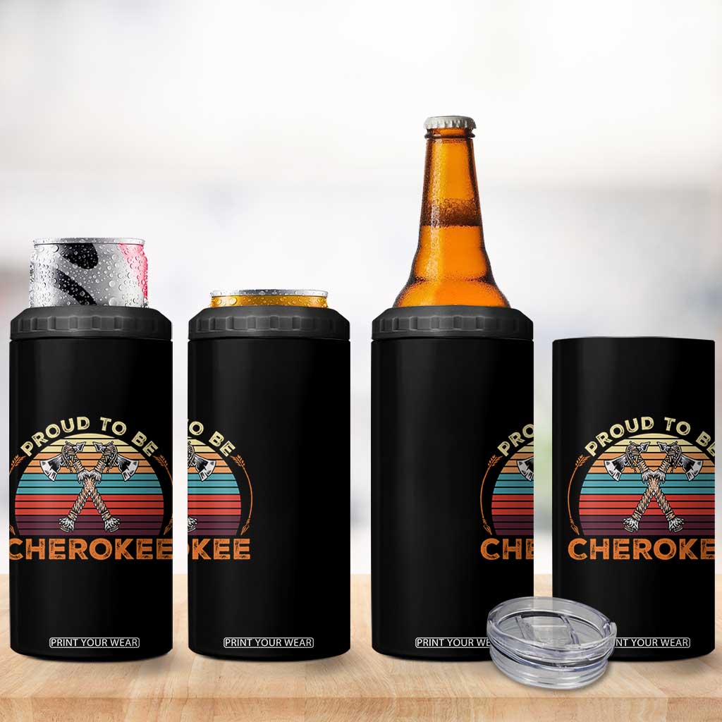 Cherokee Heritage Pride 4 in 1 Can Cooler Tumbler Vintage Sunset Tomahawk Native American Graphic