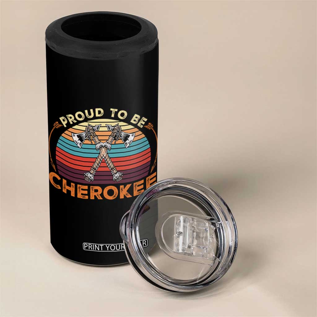 Cherokee Heritage Pride 4 in 1 Can Cooler Tumbler Vintage Sunset Tomahawk Native American Graphic