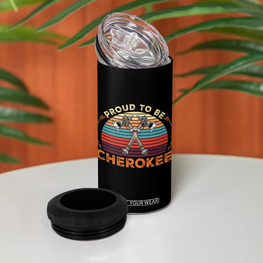 Cherokee Heritage Pride 4 in 1 Can Cooler Tumbler Vintage Sunset Tomahawk Native American Graphic