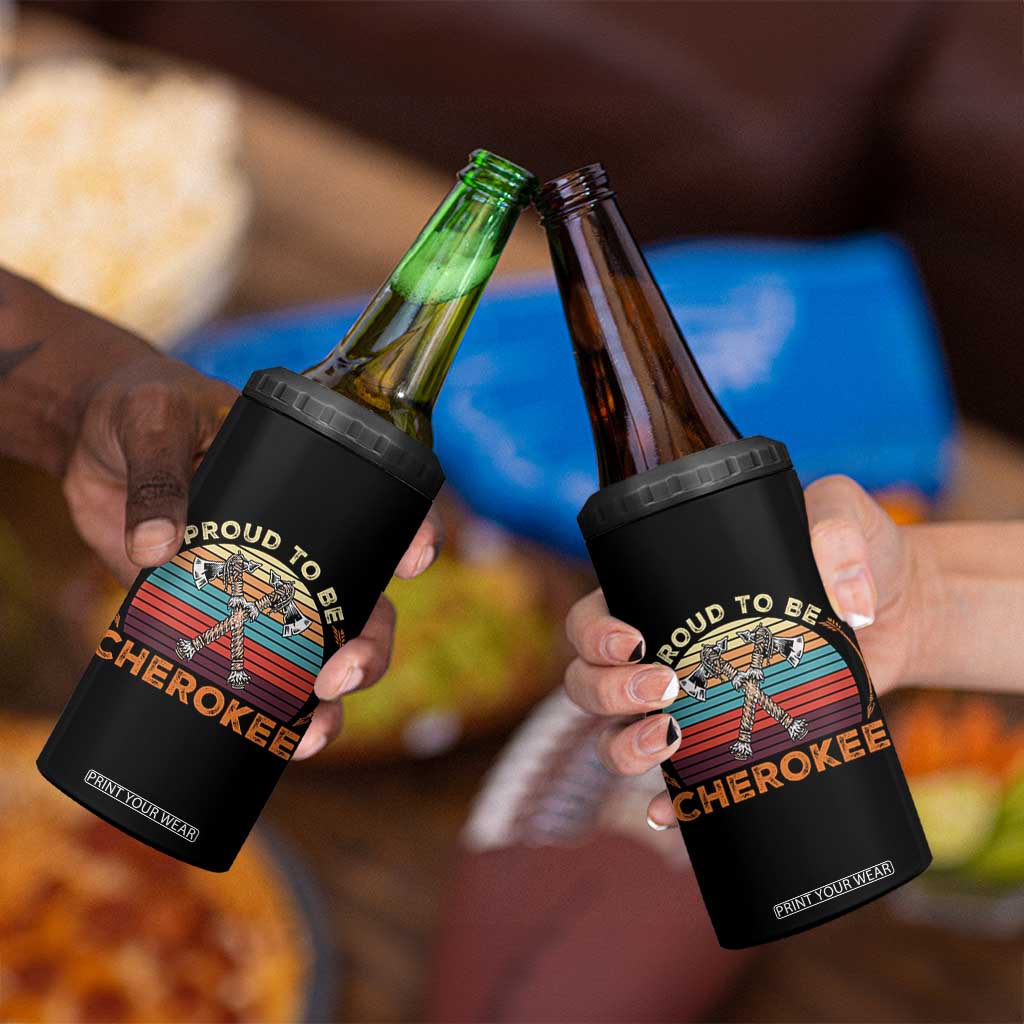 Cherokee Heritage Pride 4 in 1 Can Cooler Tumbler Vintage Sunset Tomahawk Native American Graphic