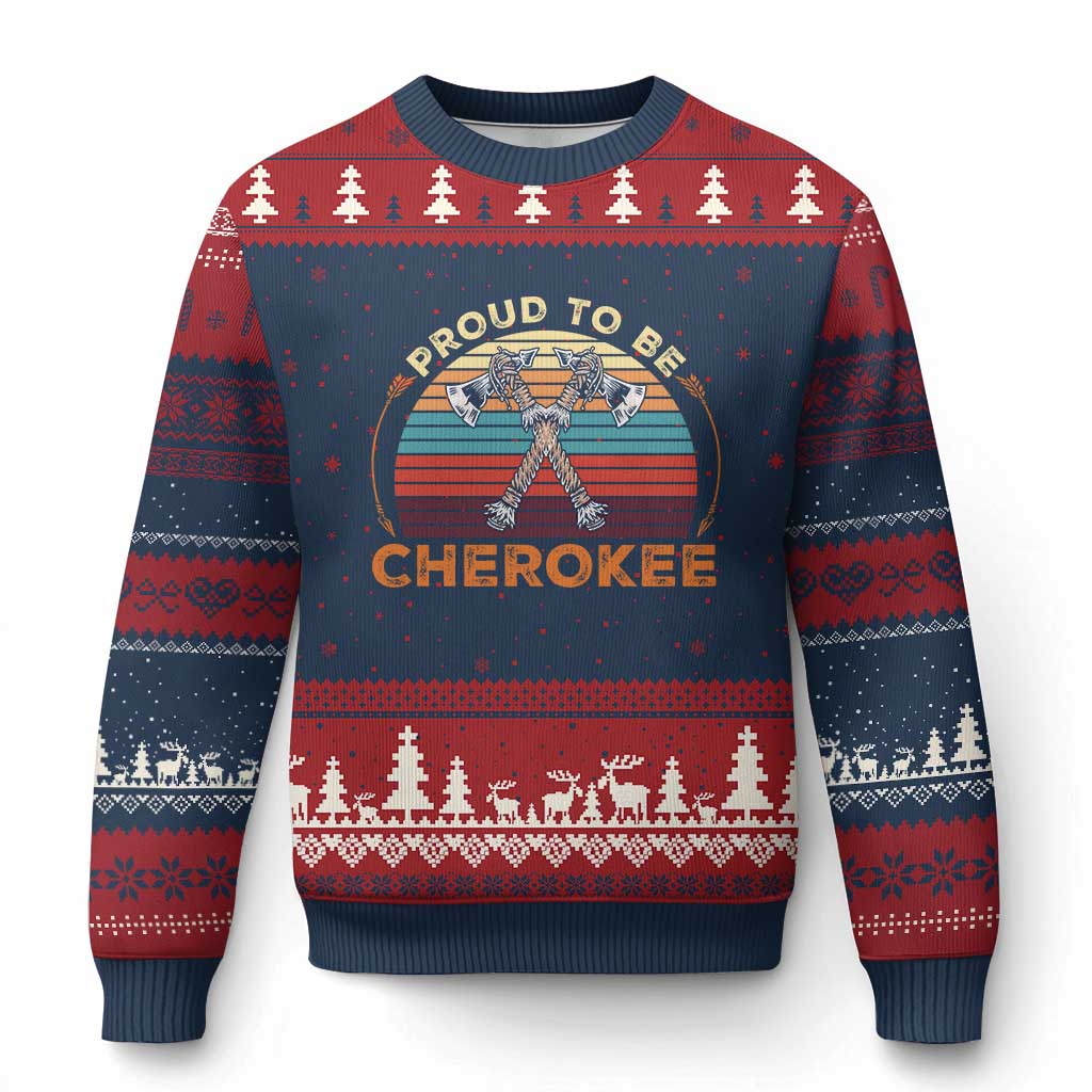 Cherokee Heritage Pride Ugly Christmas Sweater Vintage Sunset Tomahawk Native American Graphic