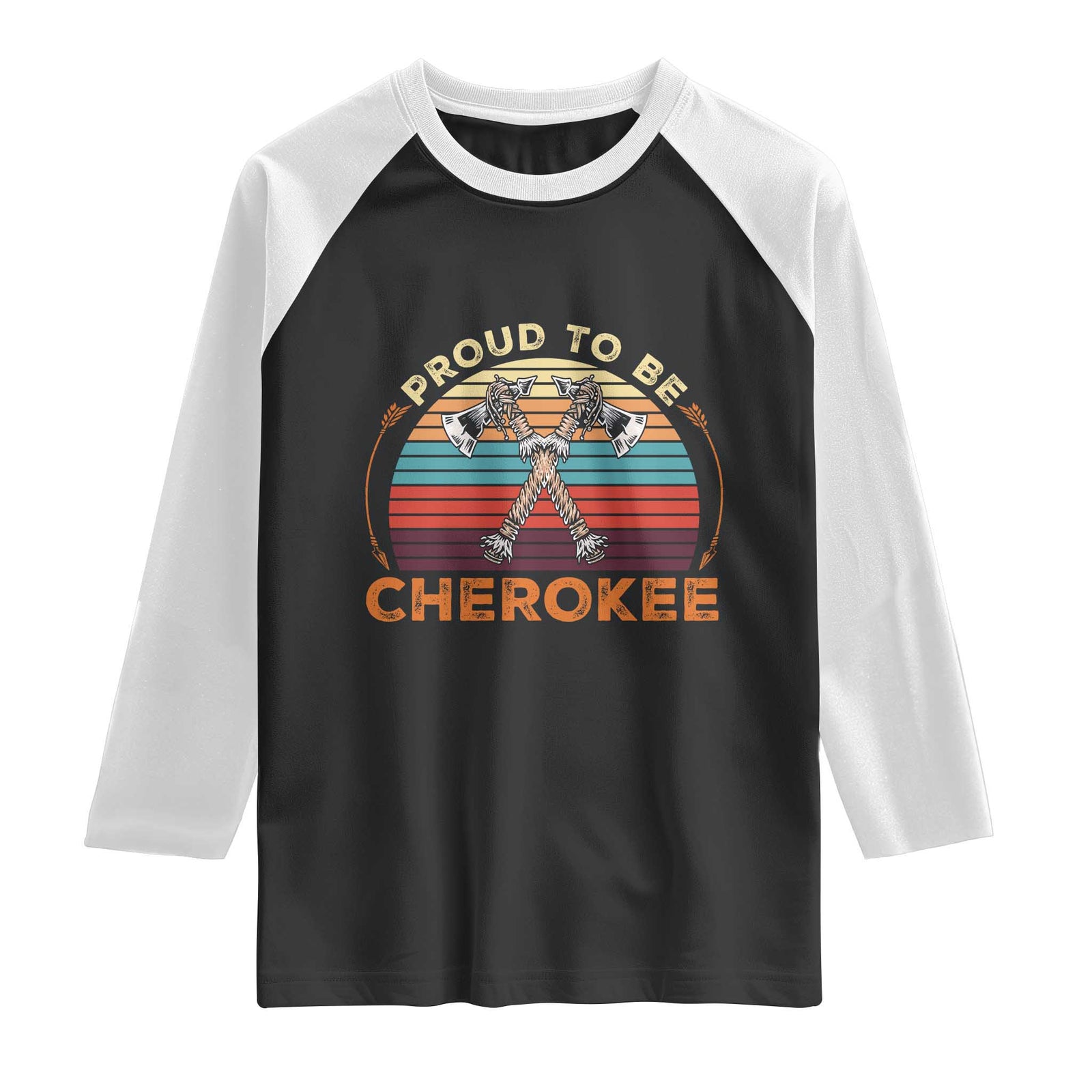 Cherokee Heritage Pride Raglan Shirt Vintage Sunset Tomahawk Native American Graphic TS12 Black White Print Your Wear