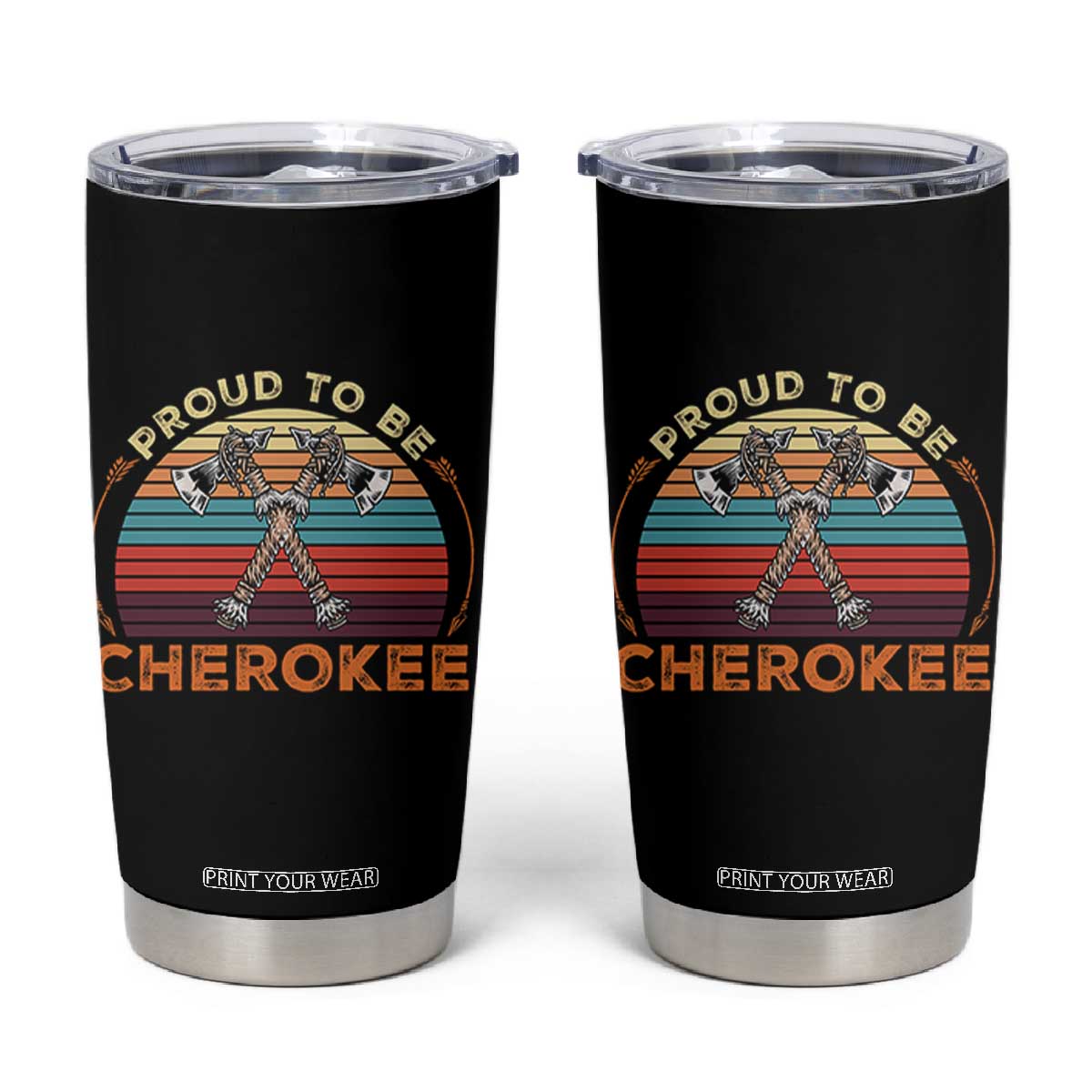 Cherokee Heritage Pride Tumbler Cup Vintage Sunset Tomahawk Native American Graphic
