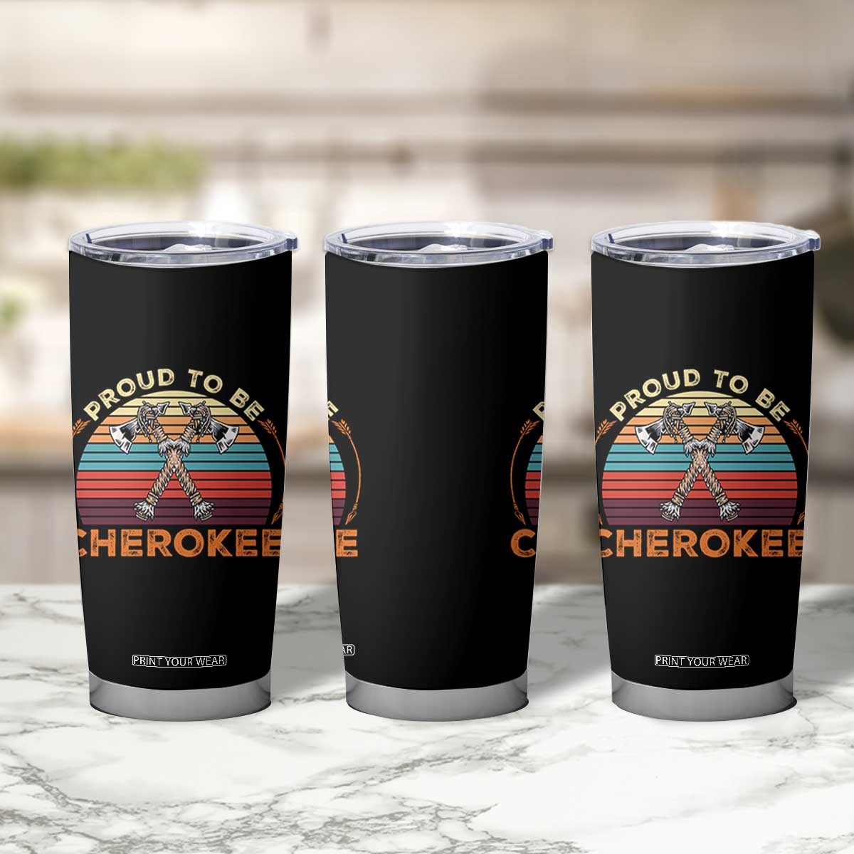 Cherokee Heritage Pride Tumbler Cup Vintage Sunset Tomahawk Native American Graphic