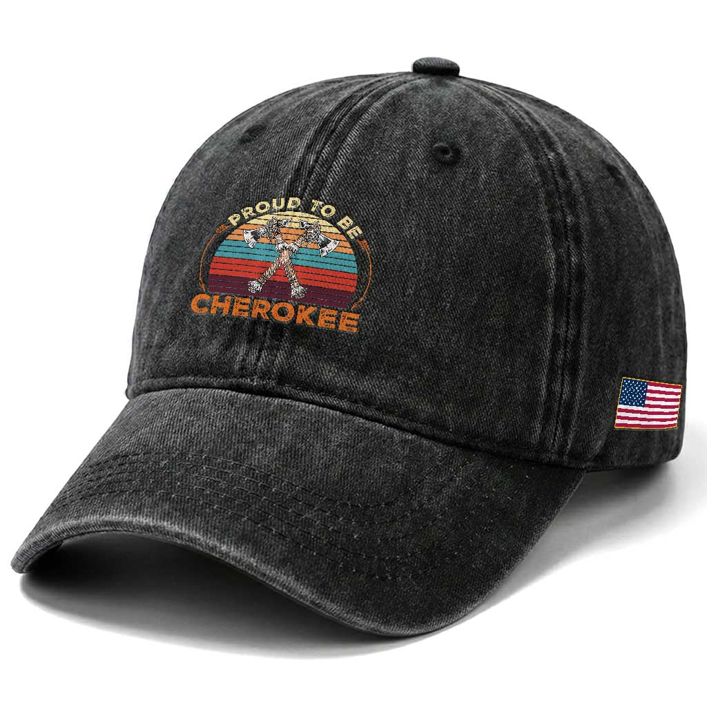 Cherokee Heritage Pride Washed Cotton Baseball Cap Vintage Sunset Tomahawk Native American Graphic