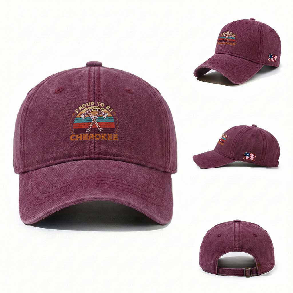 Cherokee Heritage Pride Washed Cotton Baseball Cap Vintage Sunset Tomahawk Native American Graphic