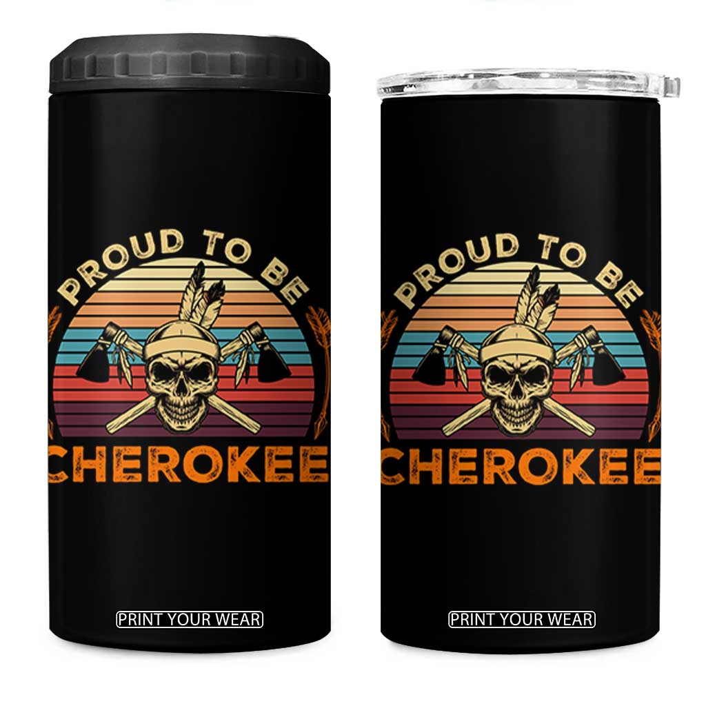 Cherokee Heritage Pride 4 in 1 Can Cooler Tumbler Vintage Native American Warrior Skull