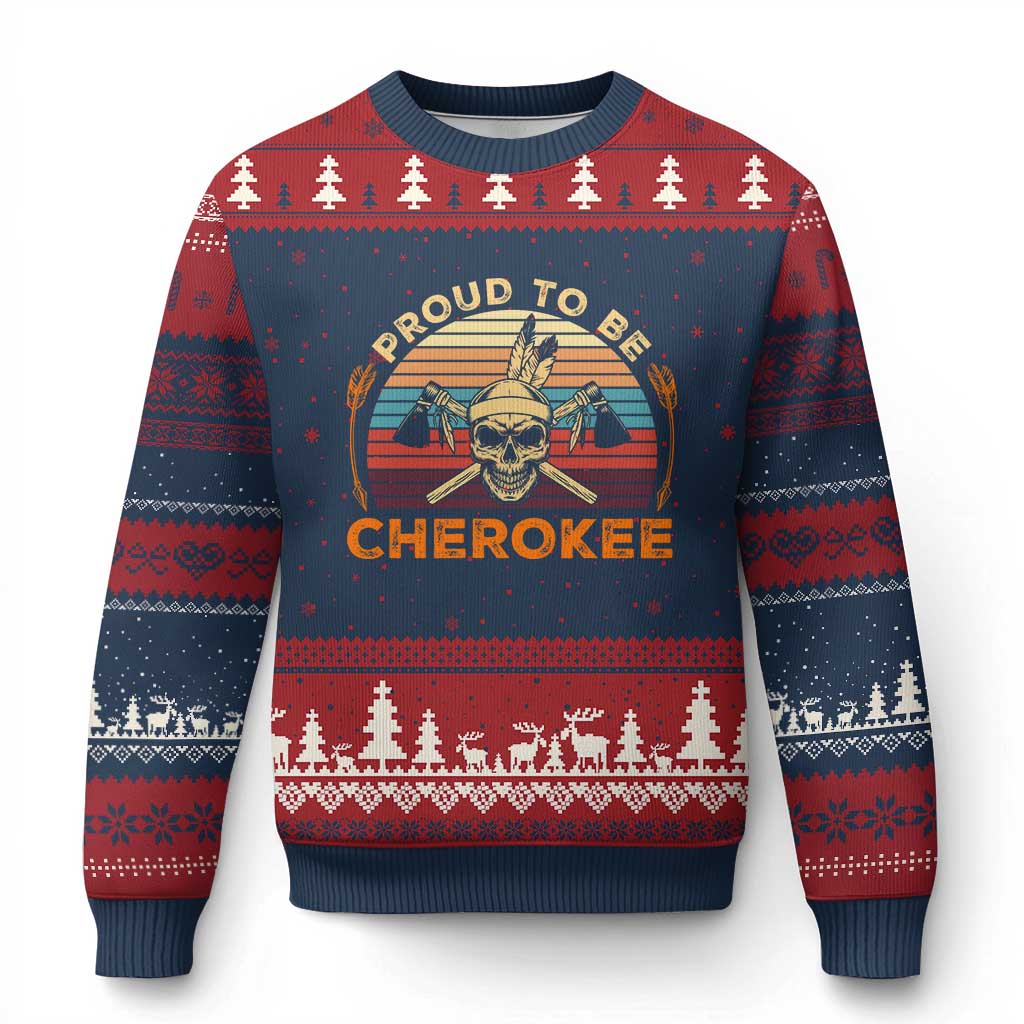 Cherokee Heritage Pride Ugly Christmas Sweater Vintage Native American Warrior Skull