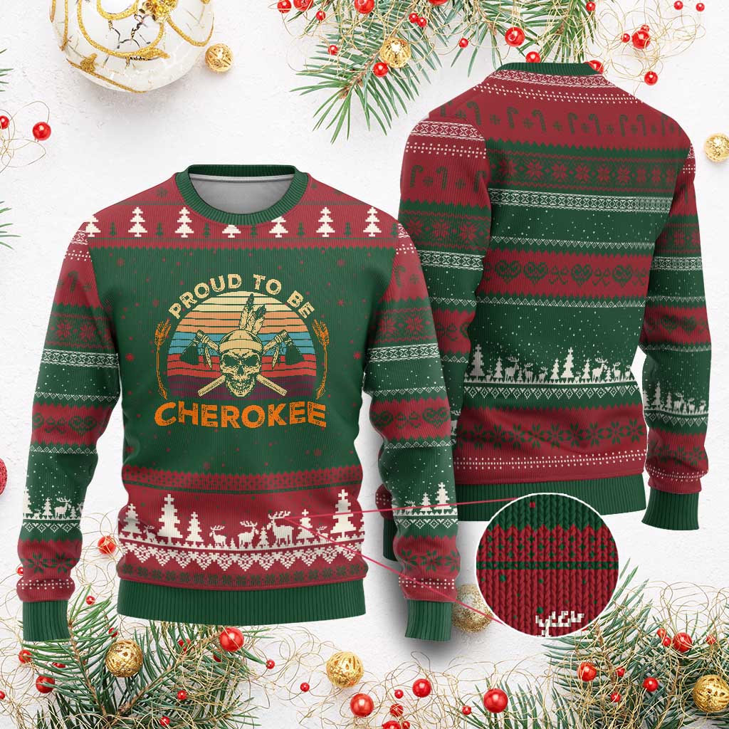 Cherokee Heritage Pride Ugly Christmas Sweater Vintage Native American Warrior Skull